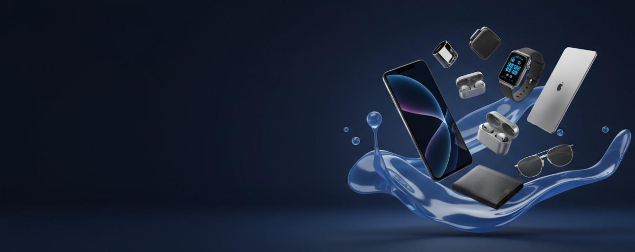 Create a modern ecommerce hero banner with a deep navy blue background and smooth liquid abstract shapes. Keep the left side empty for text. On the right side include high-quality floating gadgets and daily-use items with soft shadows. No text included. High-end UAE store aesthetic, wide 3:1 aspect ratio, 4K resolution.
